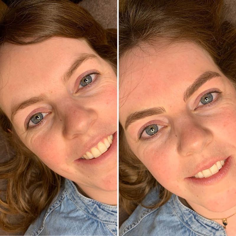 Voor en na permanente make-up bij dezelfde klant: links zonder, rechts met PMU-wenkbrauwen